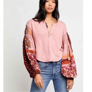 Free People Light Magic Henley Balloon Sleeve Top Printed Pink Smocked Top